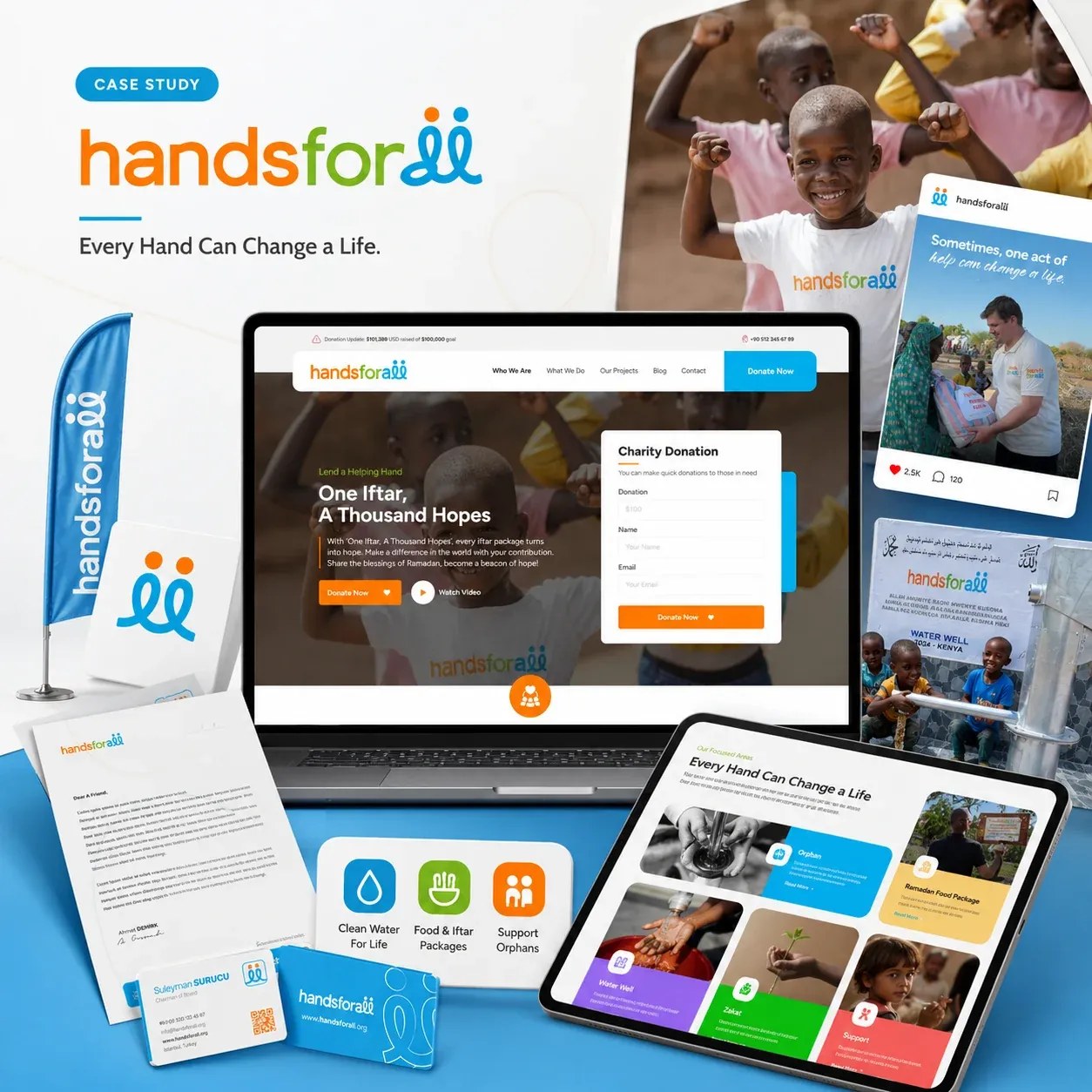 Hands For All – Yardım Kuruluşu için Marka Kimliği, Web Sitesi & Bağış Deneyimi