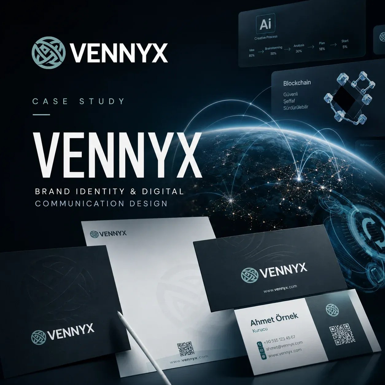 Vennyx – Blockchain & Yapay Zeka Markası için Kurumsal Kimlik Kılavuzu & Sosyal Medya